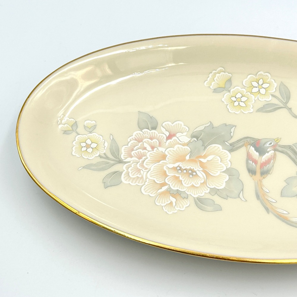 VTG Lenox Floral Bird Oval Serving Platter Cream Gold Trim Chinoiserie USA 9.5in - Picture 3 of 11